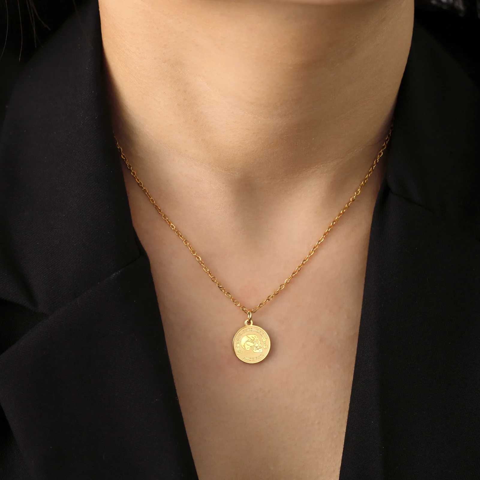 Latin Quote Skull Coin Necklace Memento Mori Remember Death Amor Fati Love Your Fate Stoicism Hourglass Torch Symbol Pendant