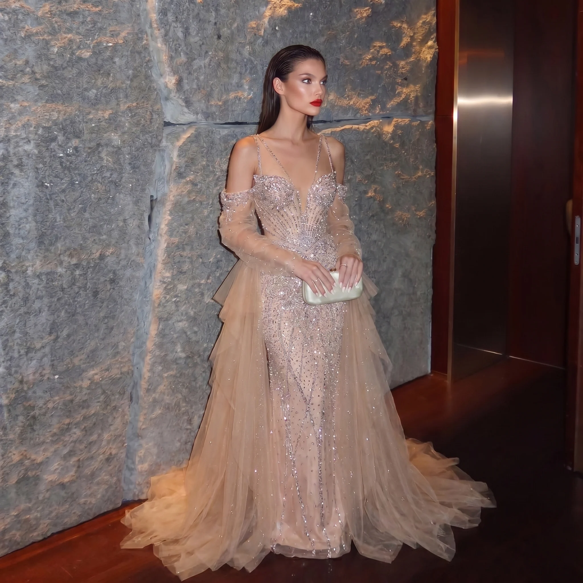 Sharon Said Mermaid Evening Dress with Detachable Sleeves Ruffles Overskirt Beaded Women's Formal Party Gowns SS123 Customized