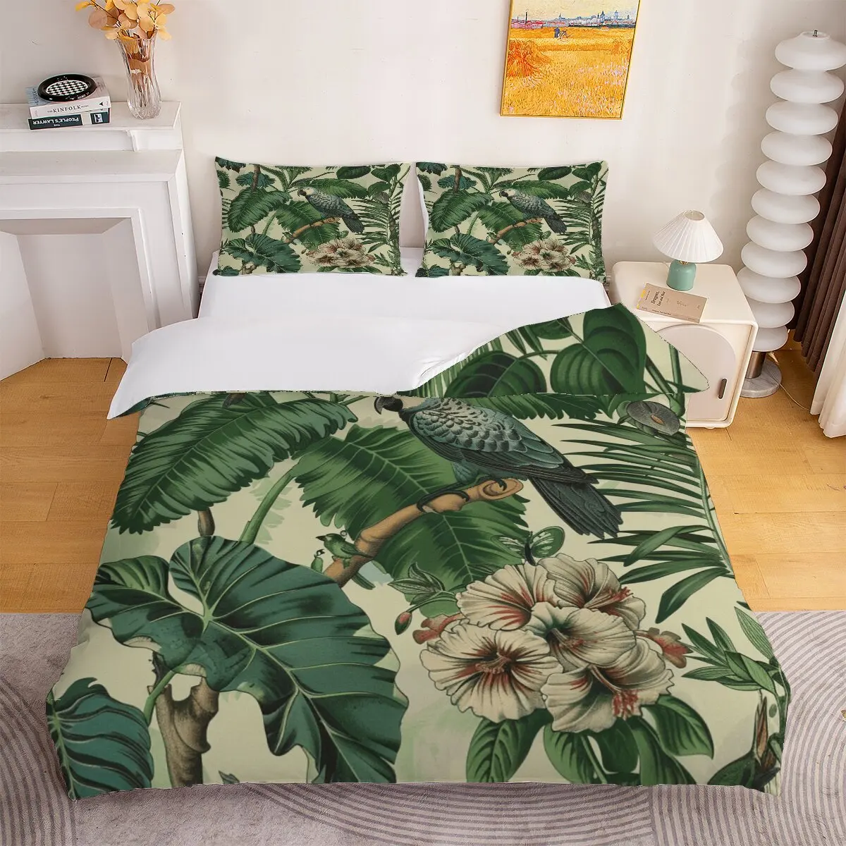 Juego de edredón de plumas con loros y flores, tamaño grande, decoración de habitación verde, juego de cama