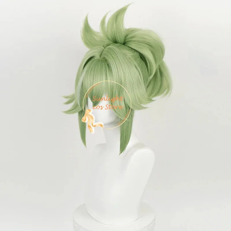 Peluca de Cosplay CyGame Kuki Shinobu, 33cm, cola de caballo corta verde claro, pelucas de Cosplay de Anime, pelo resistente al calor, pelucas para fiesta de Halloween