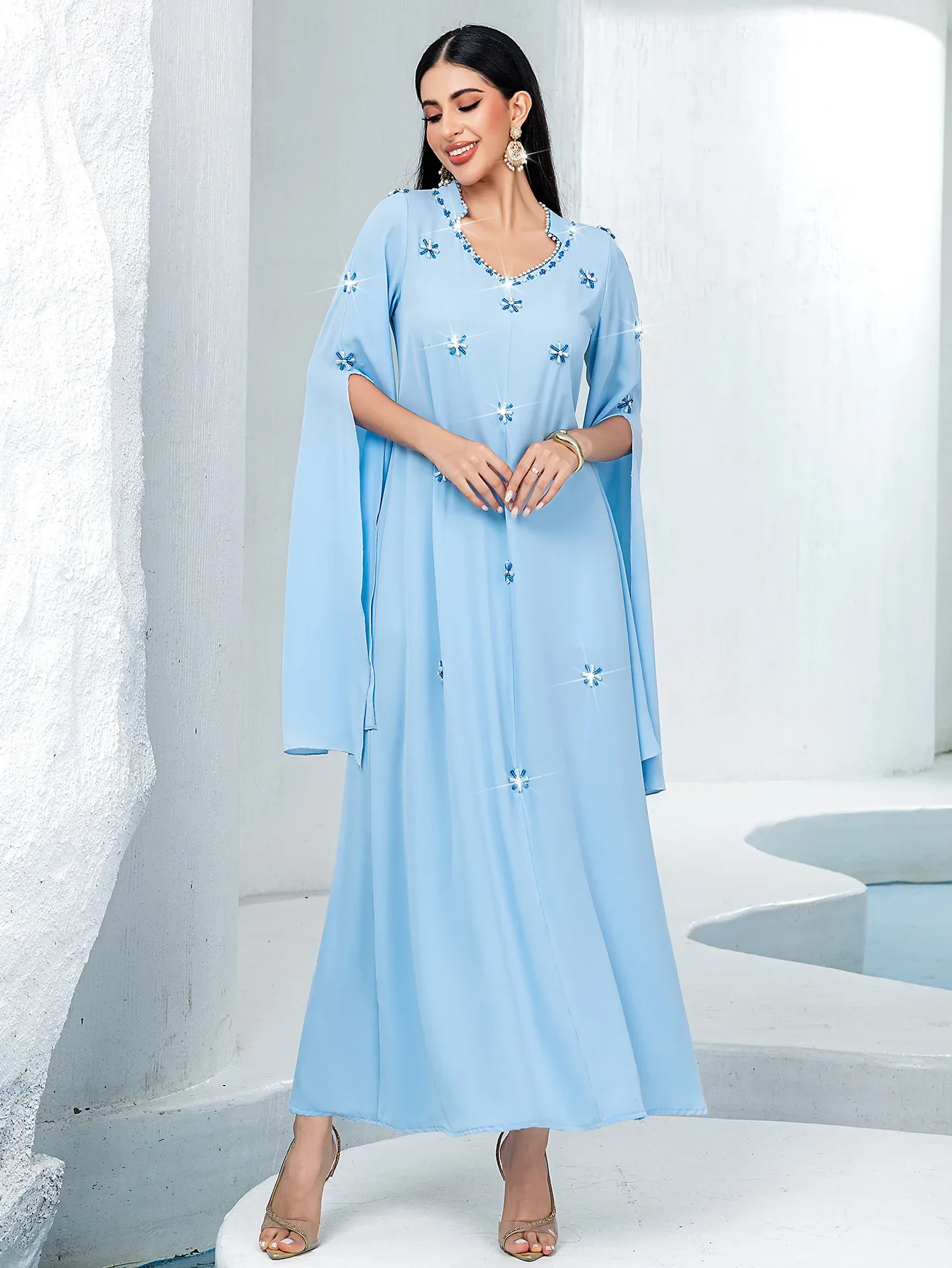

Luxury Dubai Women Diamonds Slit Sleeve V-Neck Dress Party Gown Jalabiyat Moroccan Saudi Caftan Islamic Clothing Evening 2025