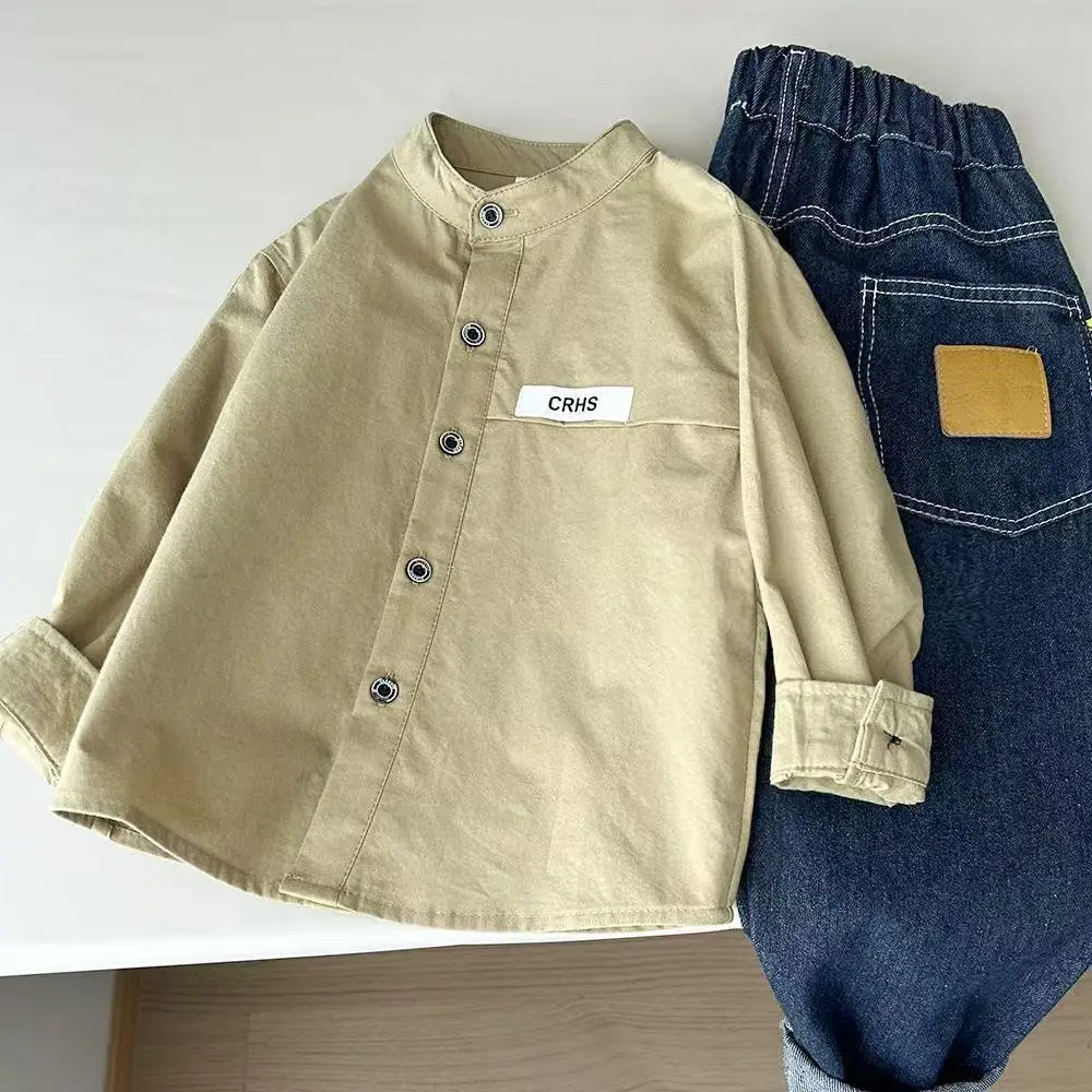 Spring Autumn Boys Cotton Stand Collar White Long Sleeve Shirt Kids Top Wholesale for