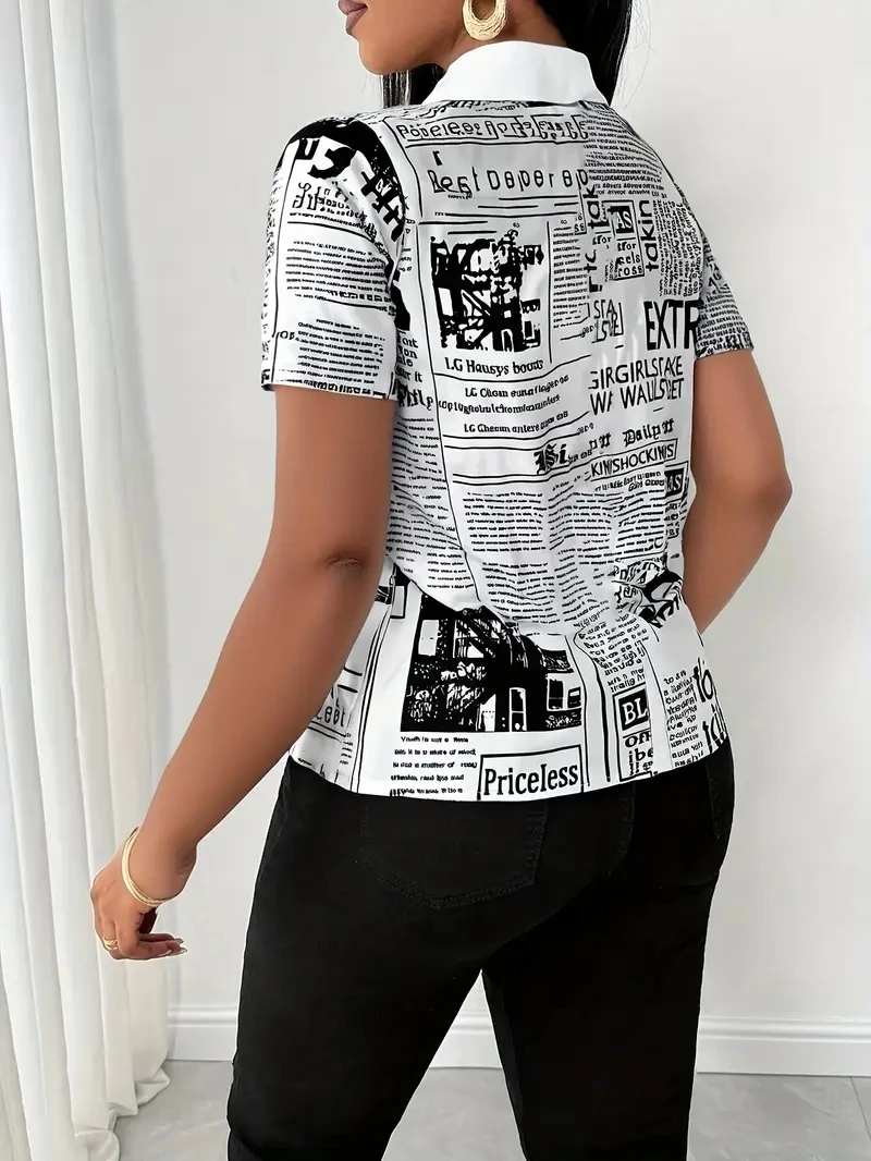 Camisa de mujer con cuello en V y un solo pecho con estampado de periódico a la moda de verano para mujer
