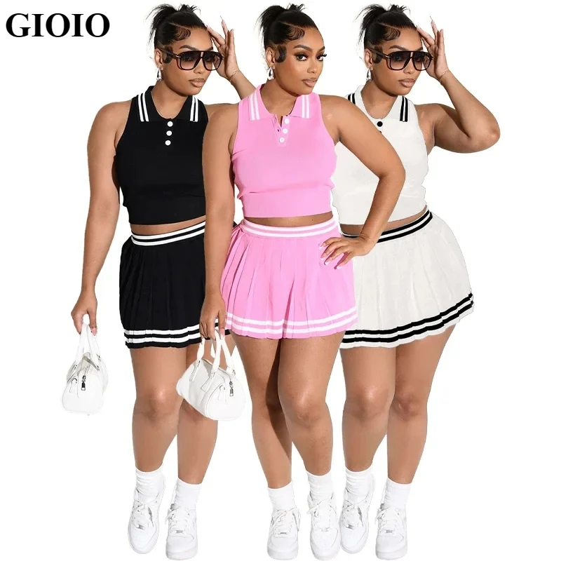 GIOIO Casual summer stretch two pieces knit skirt set with knitted tank top and short pleated tennis skirt