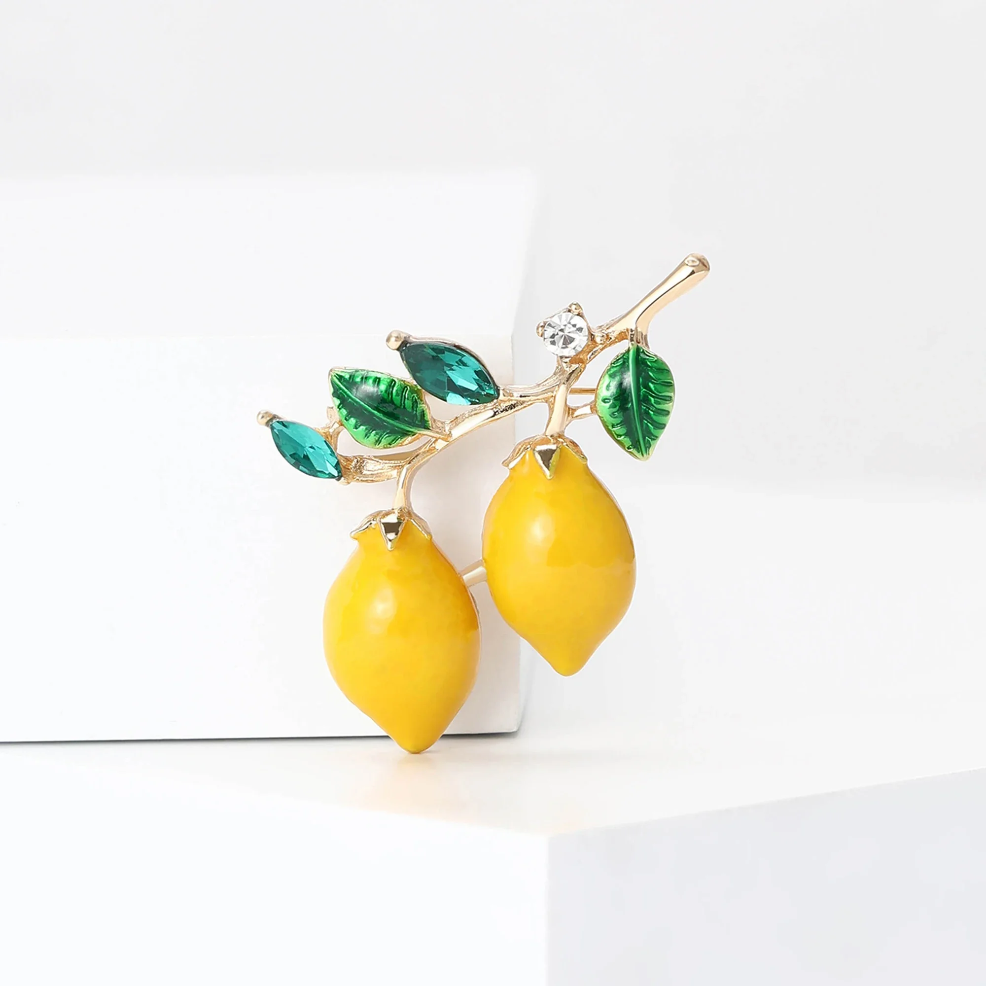 Enamel Two Lemons Brooches for Women Unisex Rhinestone Fruit Plant Pins Office Party Friend Gifts Jewelry Accessories