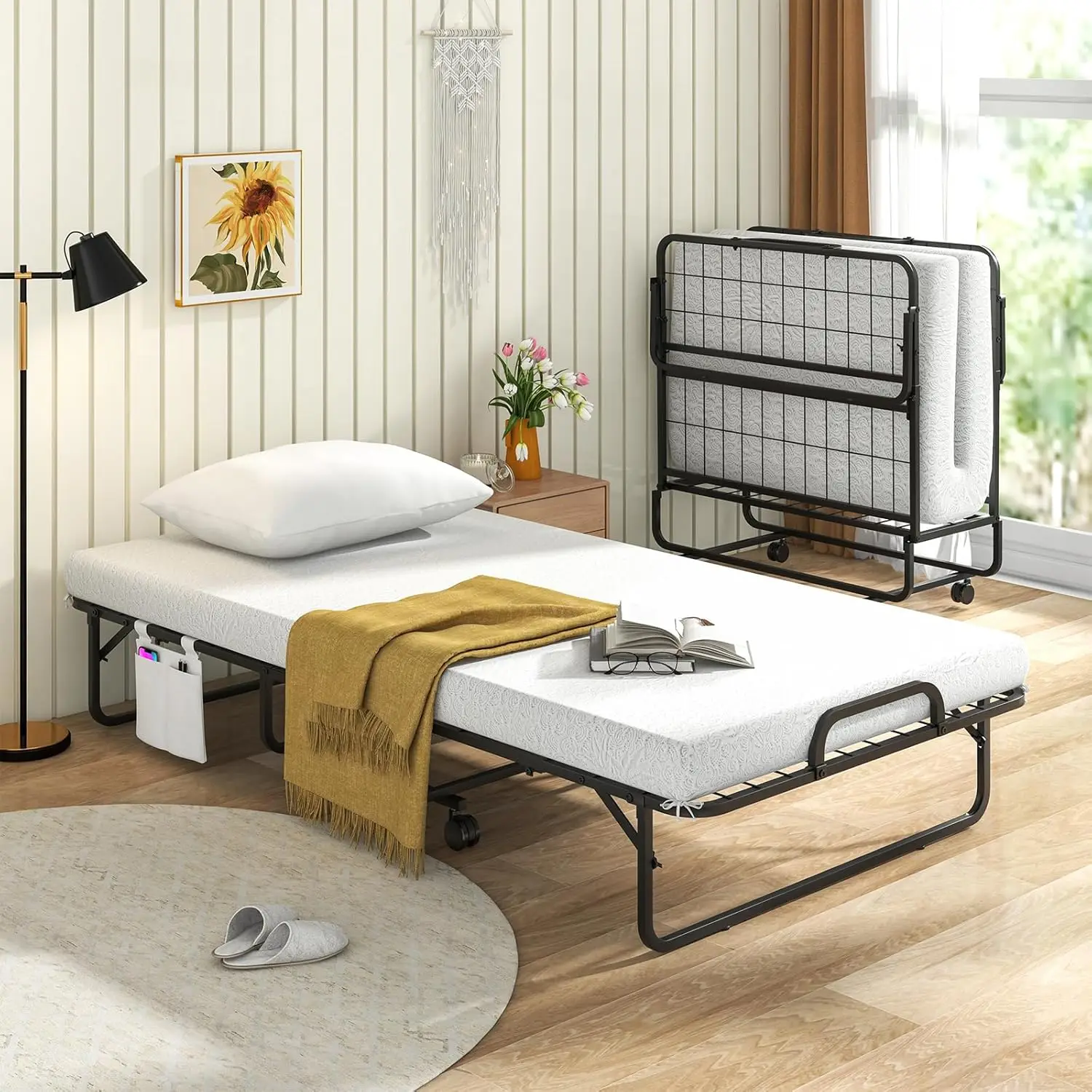 Folding Bed with Mattress and Top Pillow, Twin Size Portable Guest Bed w/Metal Frame, Storage Pocket, Space-Saving Rolla