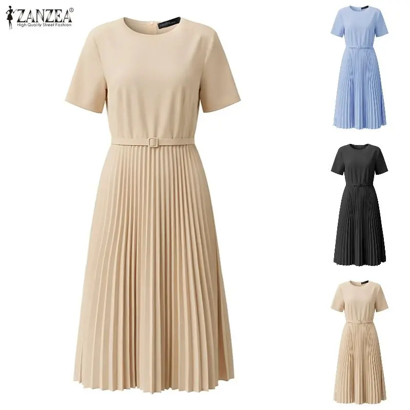 ZANZEA Damen-Kleid, elegant, schick, plissiert, Midikleid, Sommerkleid, stilvoll, O-Ausschnitt, kurzärmelig, A-Linie, OL-Arbeitskleider, einfarbig, Vestidos