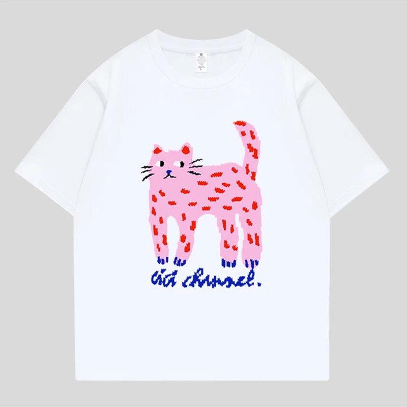 Cute Cat Pink Leopard Printed T Shirts Fashion Street Women Casual T-shirt Pure Cotton Loose O-neck Summer Tee Tops Korean Style