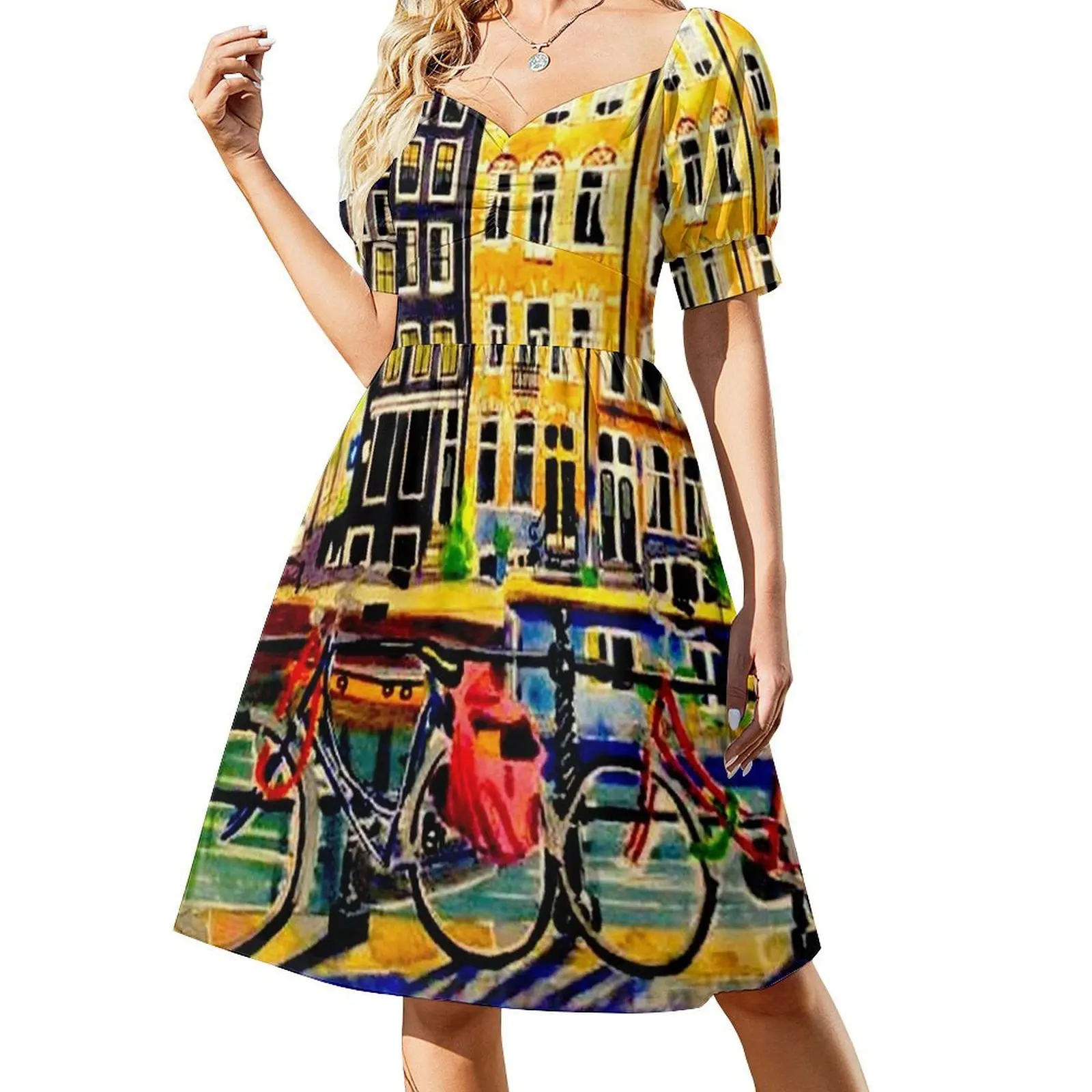 

AMSTERDAM : Vintage Bicycle Travel Print Short Sleeved Dress evening dress women Woman clothing Dress