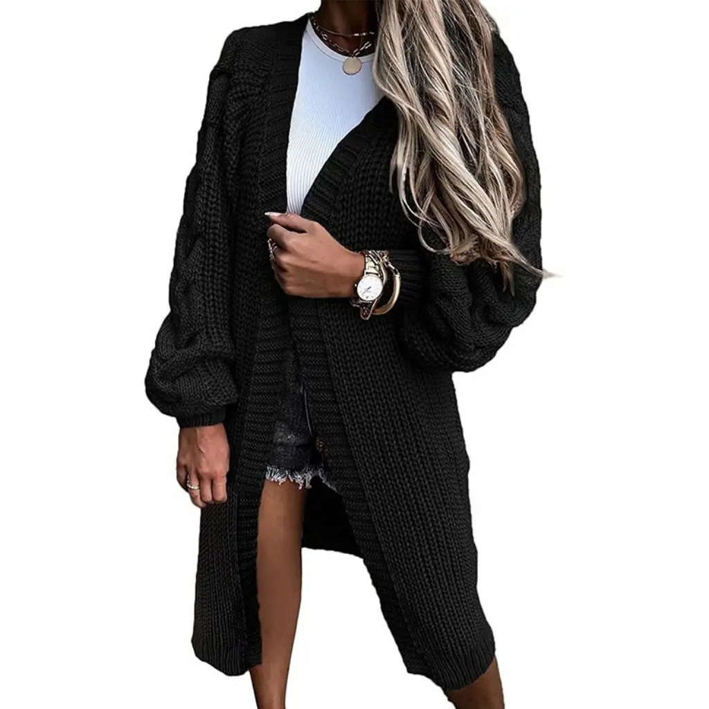 

Women's Solid Color Mid-Length Lantern Sleeve Twist Cardigan Knitted Sweater for Autumn Winter European American Style