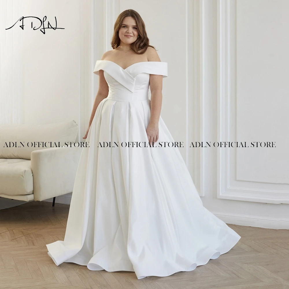 Vestido de Novia de satén con hombros descubiertos, traje elegante de talla grande, blanco marfil, hecho a medida