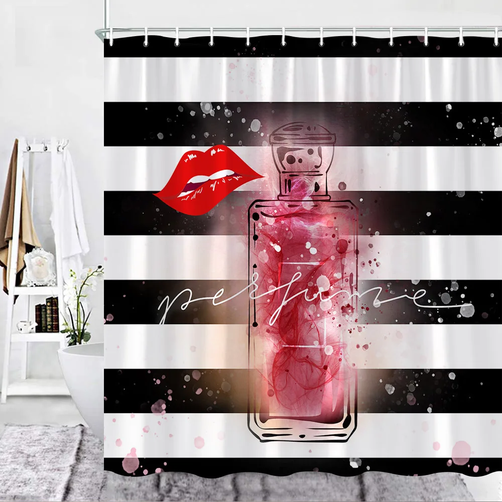 Pink Girly Dresses Shower Curtain Fashion Modern Beauty Pink High Heels Girl Perfume Bottles Fabric Polyester Bathroom Decor Set