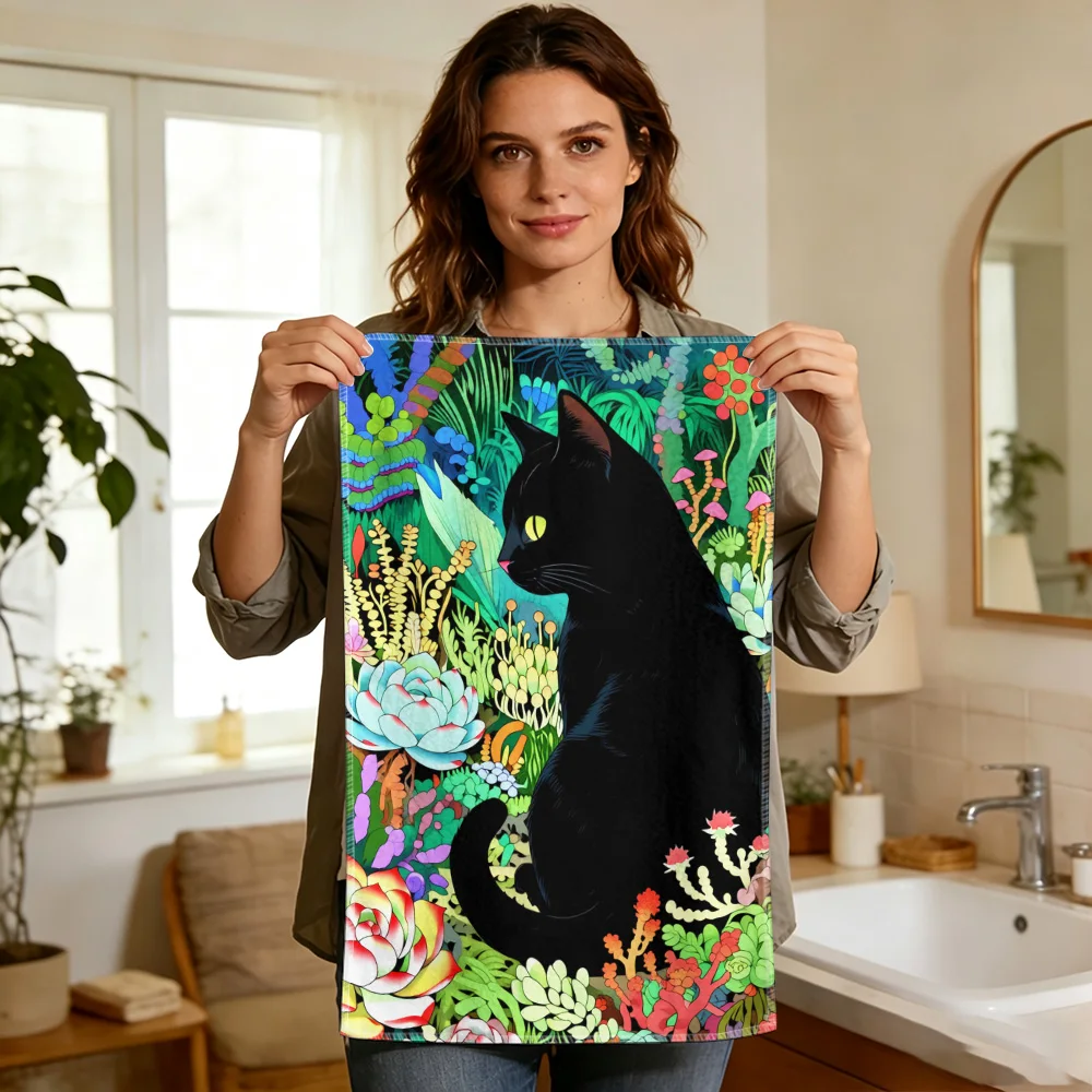1pc/2pcs Black Cat in Botanical Garden Kitchen Towels-Super absorbent, reusable polyester dishcloths perfect for home decor, coo