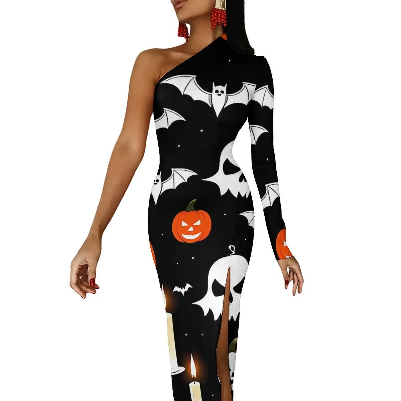 Halloween Happy Haunts Bodycon Dress Female Pumpkins Skulls Bats Cute Maxi Dress One Shoulder Street Wear Custom Dresses Gift