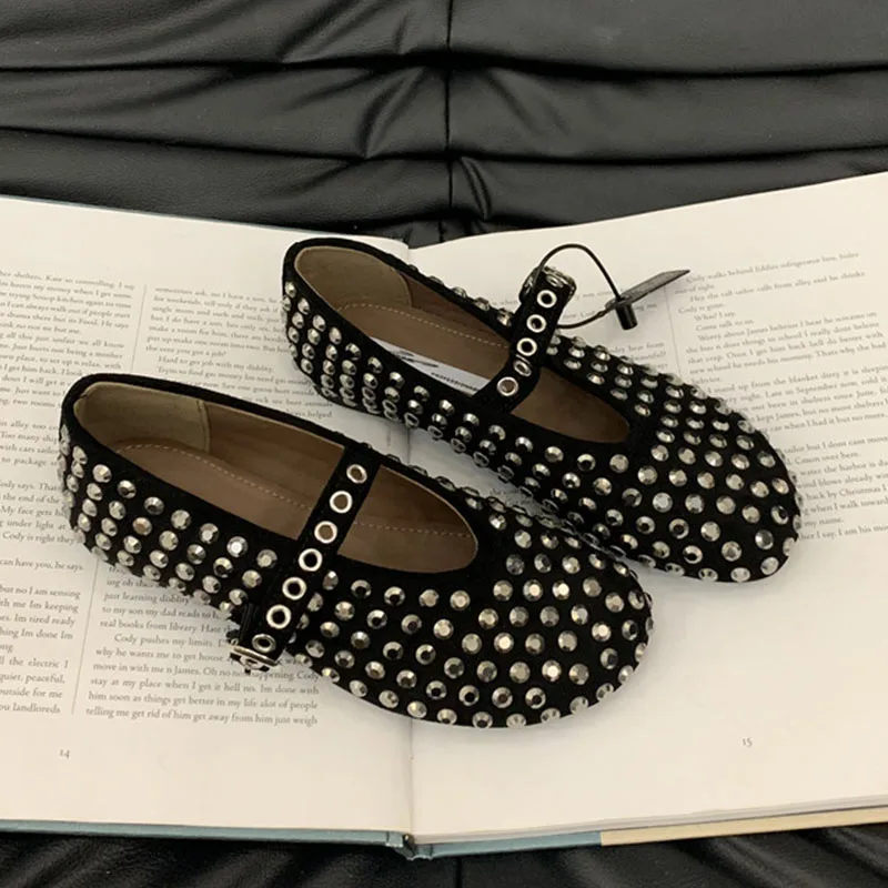 

Rhinestone Flats for Women Crystal Studded Mary Jane Ballet Flats with rivets Shoes Buckle Strap Casual Dress Ballerina Shoes