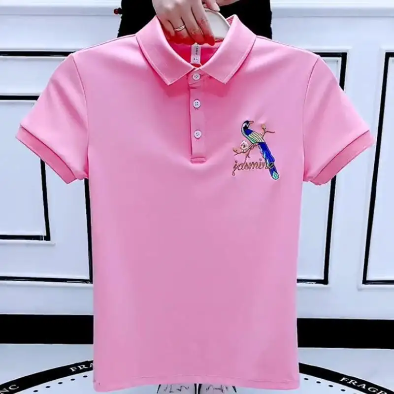 

Summer New Embroidered Polo Shirt T-Shirt Versatile Fashion Top Korean Slim Fit Personality Handsome Men's Clothing Kpop Pink