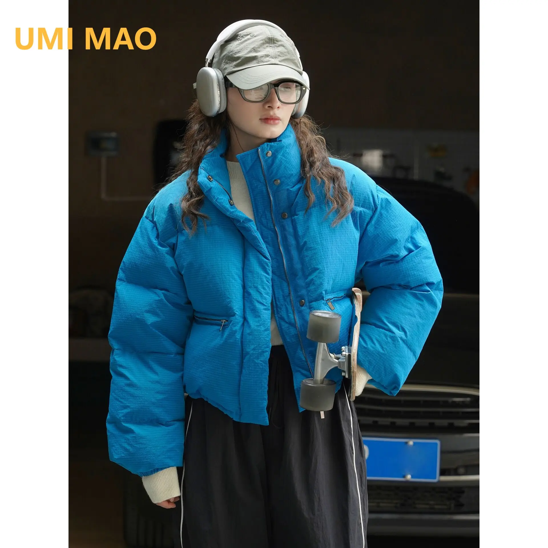 UMI MAO Stand Up Collar Down Coat Winter New Japanese Casual Plaid Texture Loose Silhouette Short 90 Duck Down Jacket Women