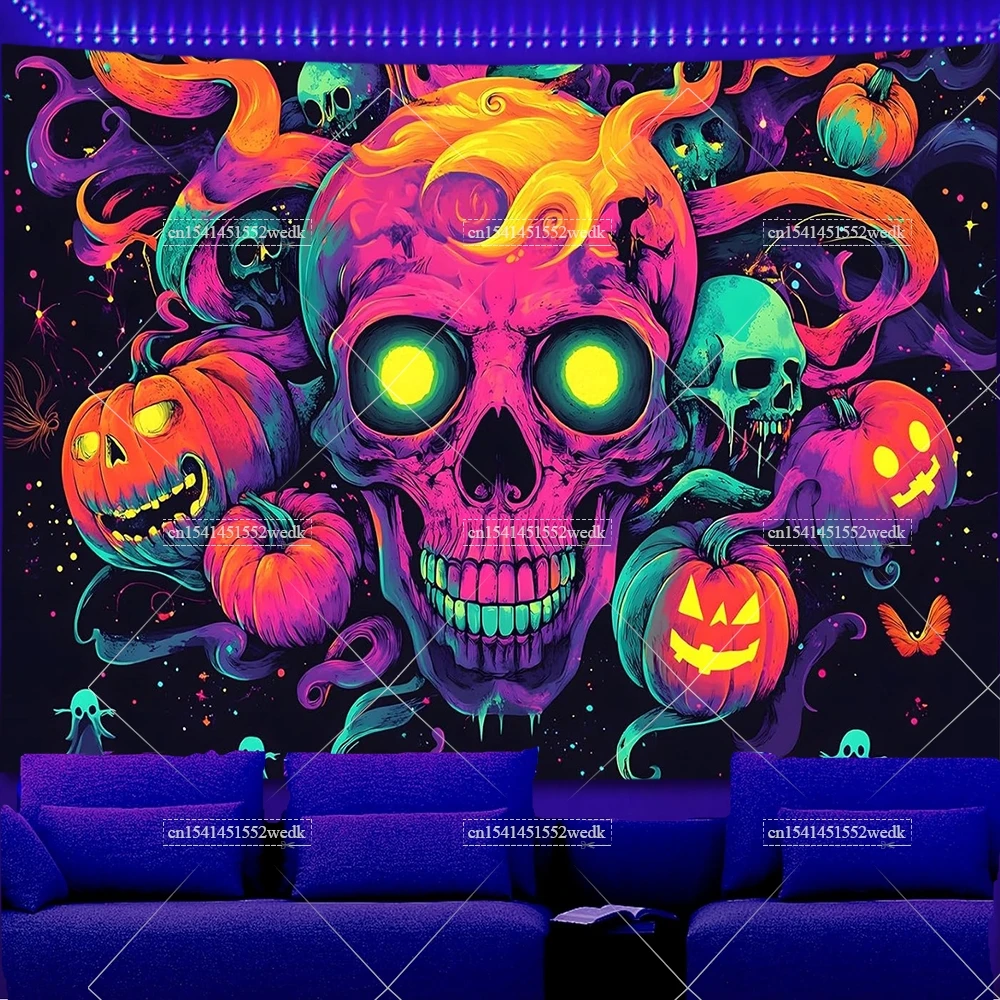 Halloween Pumpkins Skull Blacklight Tapestry UV Reactive Mexican Sugar Skull Tapestry Glow In The Dark Neon Backdrop Tapestrys