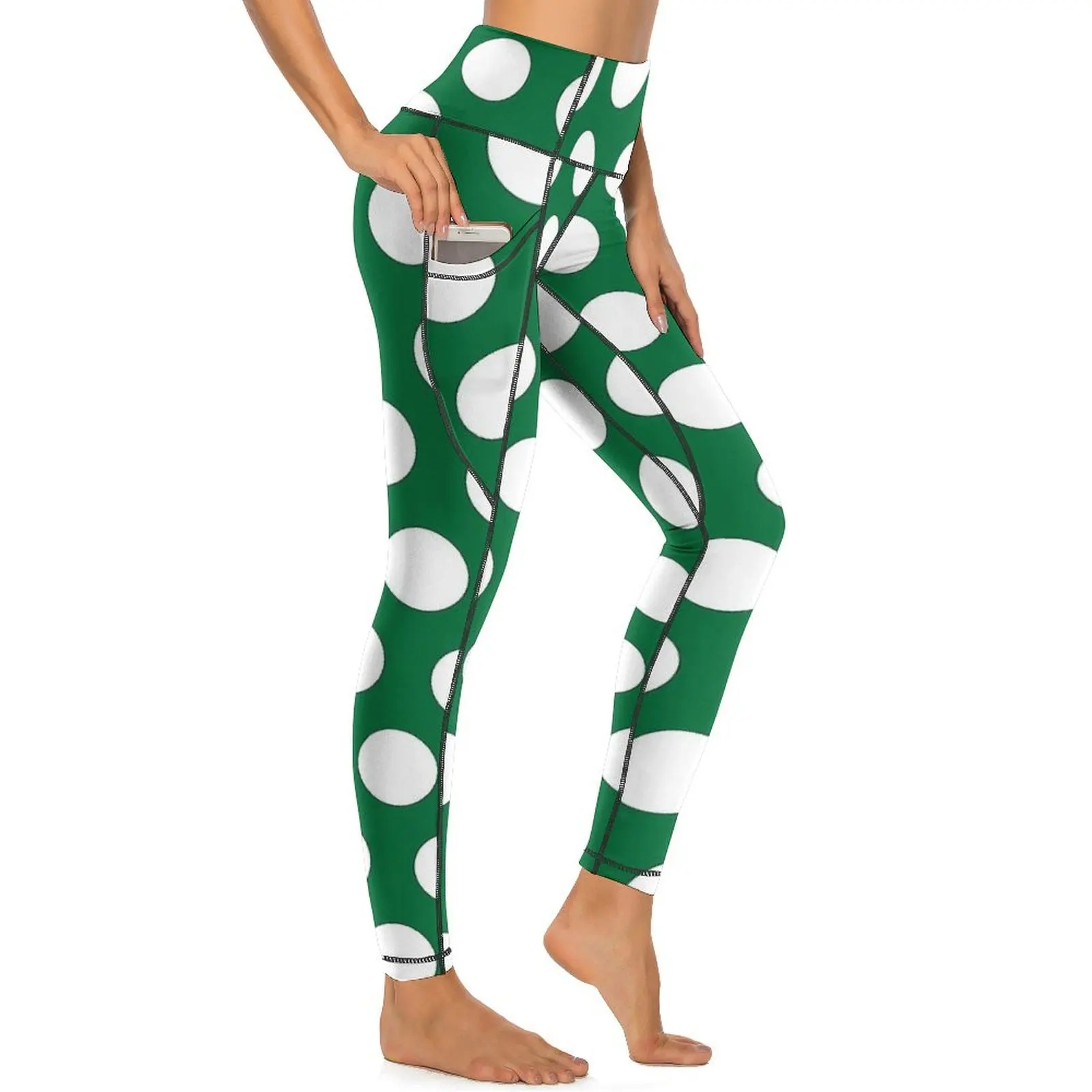 Polka Dots Green And White Leggings Sexy  Workout Gym Yoga Pants High Waist Stretch Sport Legging With Pockets Custom Leggins