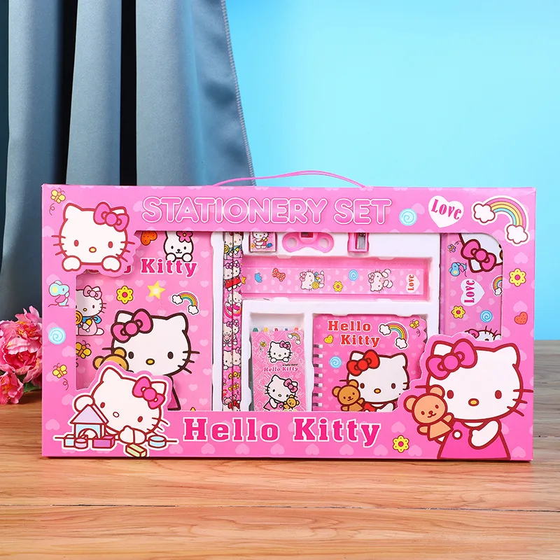 Regalo del juego de papelería de Hello Kitty, suministros de aprendizaje, juego de papelería portátil, caja de regalo de anime de papelería de estudio, útiles escolares