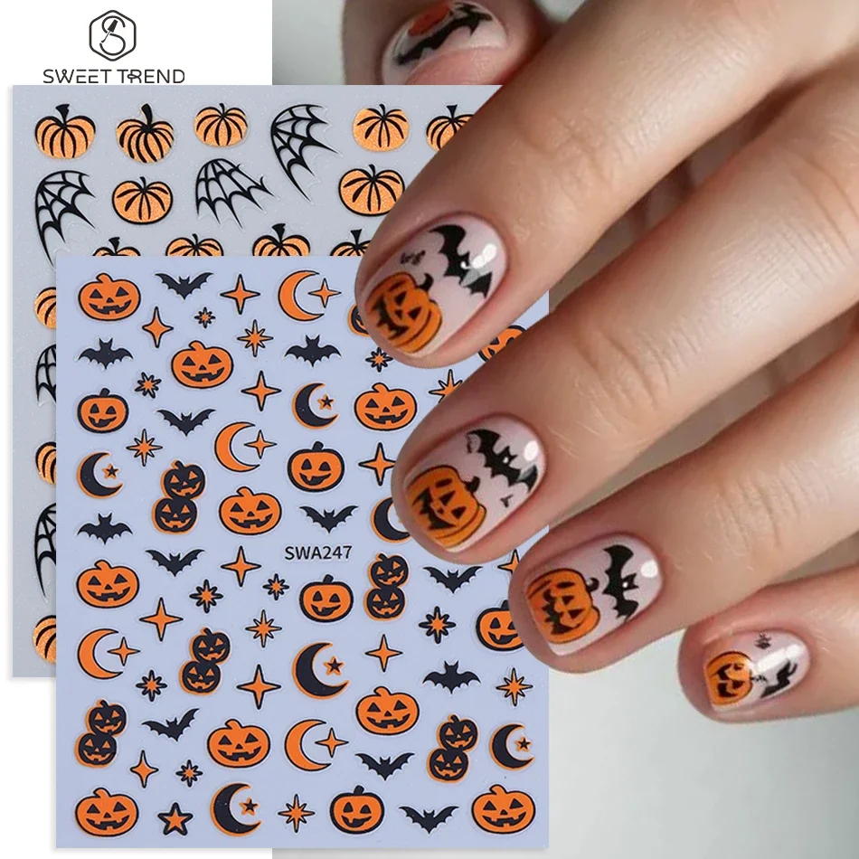 2 Stück Halloween-Nagelaufkleber, niedliches Cartoon-Design mit Kürbis, Fledermaus, Spinnennetz, Stern, Mond, selbstklebende Nagelaufkleber, Maniküre-Dekorationen – Detail 2
