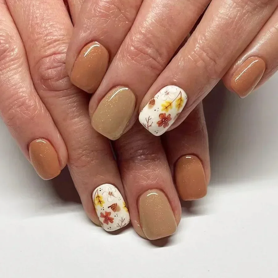 24 pçs curto quadrado unhas falsas com desenhos de flores outono outono padrão imprensa em unhas cobertura completa dicas de unhas ballet ponta de unhas falsas