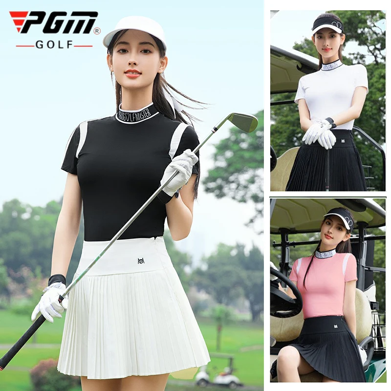 

Pgm Summer Golf Clothing Women's Stand Collar Breathable Shirts Chiffon Cooling Short Sleeved Tops Leisure Slim T-Shirt XS-XXL