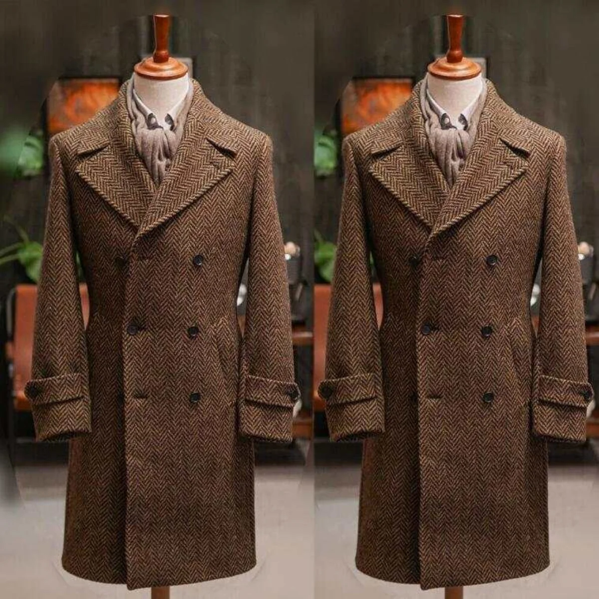 Customized Dark Brown Herringbone Wool Coat Men Long Overcoat Double Breasted Winter Groom Business Formal Wear One Piece