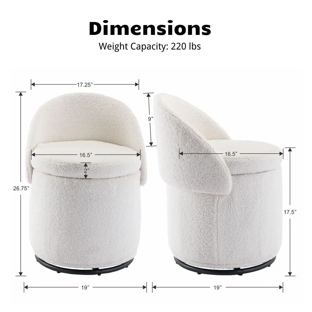 Modern Vanity Stool Set of 1, Swivel Vanity Ottoman Stool with Storage Function, Upholstered Sherpa Fabric Makeup Ottoman for B