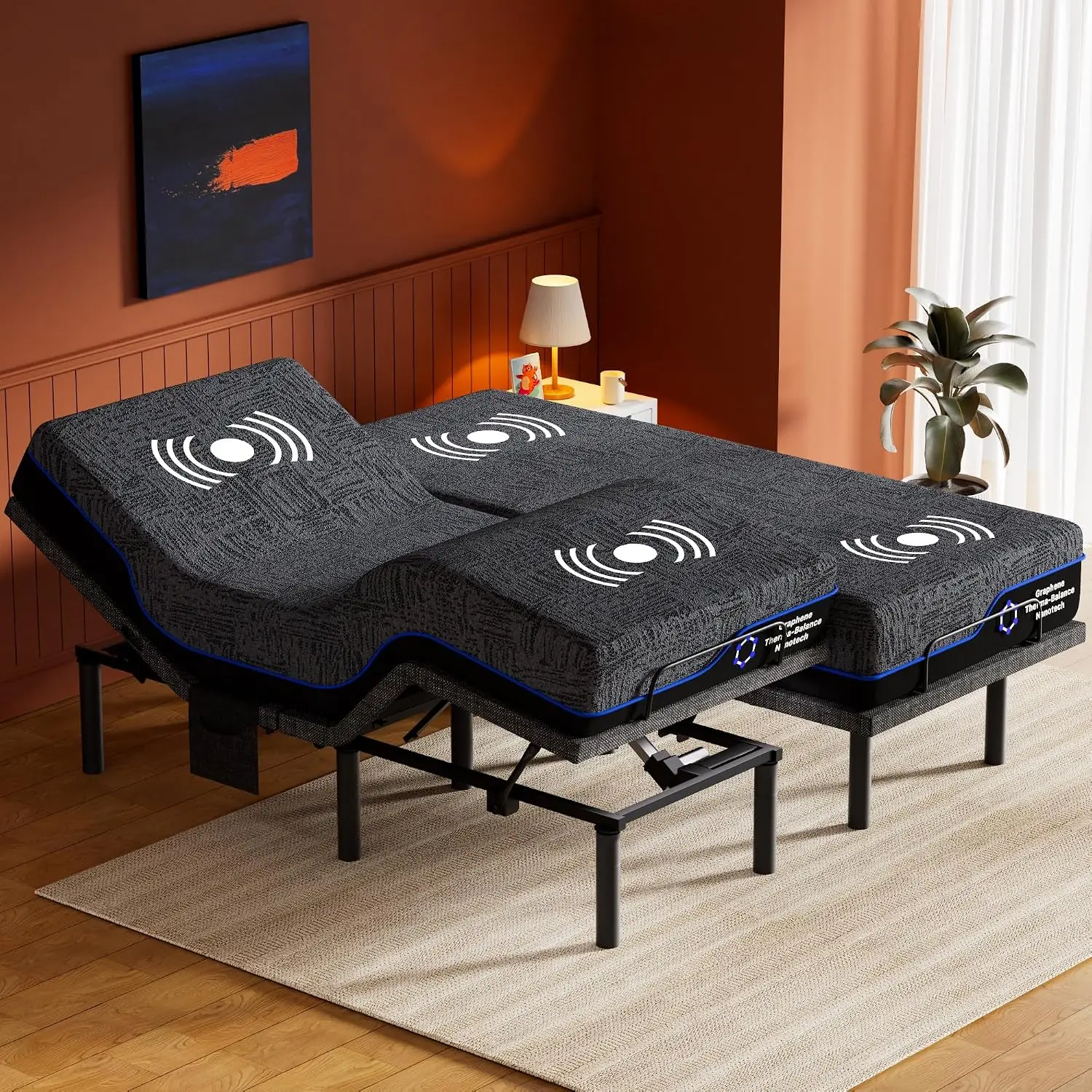 Amada Split King Adjustable Bed Frame and 14 Inch Cooling Gel Memory Foam Mattress Set, Massage, Head & Foot Incline