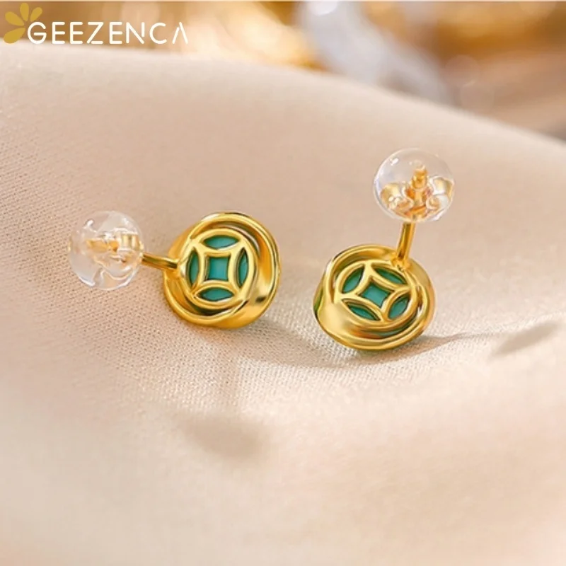GEEZENCA S925 Silver Turquoise Stone Stud Earrings Women Gold Plated Simple Trendy Lightweight Stackable Small Earring Love Gift