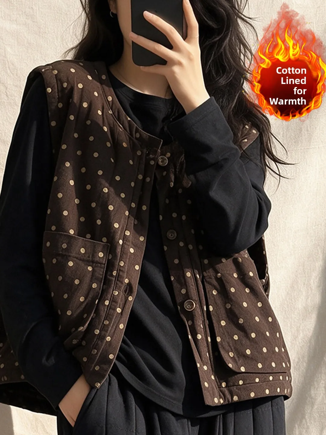 Autumn Winter Cotton Blend Sleeveless Polka Dot Corduroy Vest Large Size Women's Artistic Retro round Neck Jacket Top