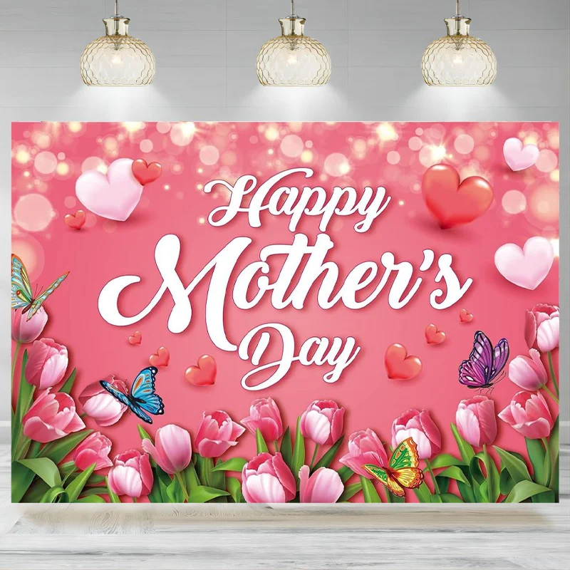 Mother's Day Backdrop Banner Photographic Background Tulips Flowers Red Heart Family Decor Party Decor Banner