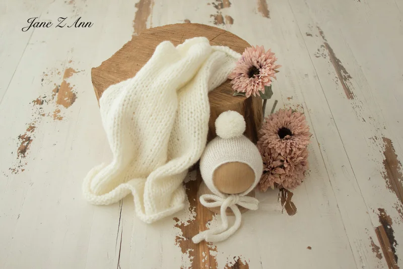 Hand knitted woven blanke 50x50cm +wool ball hat solid multi-colors newborn photography supplies props