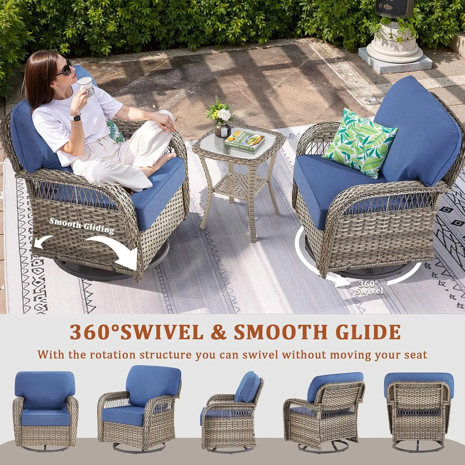 3-Piece Wicker Patio Swivel Rocker Set With Table, Customized