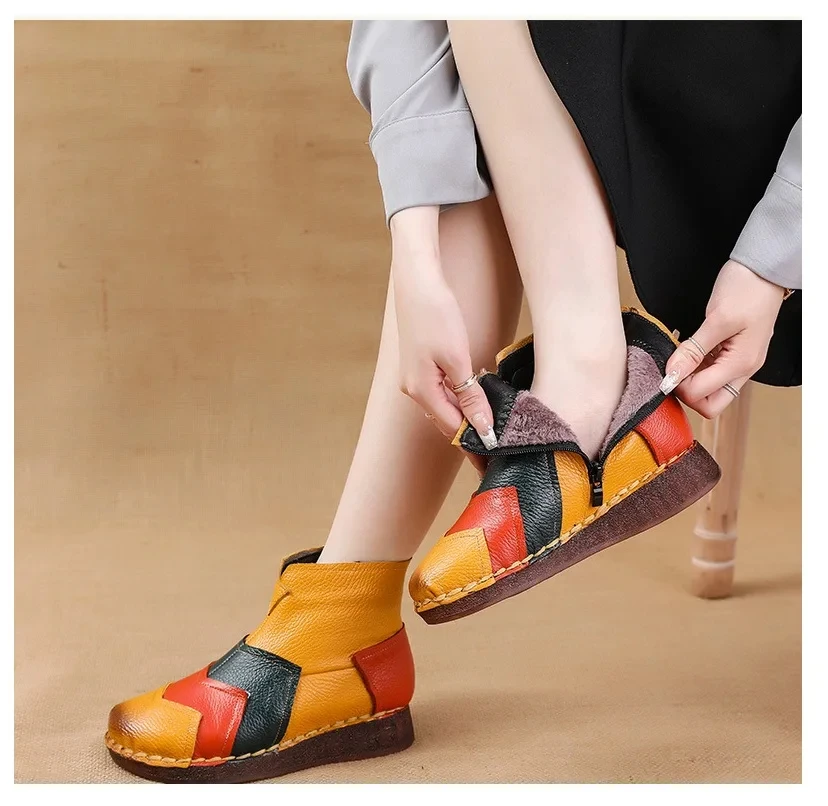 

New Retro 70s Genuine Leather Boots Ladies Chic Vintage Luxury Shoes Women's Zip Up Ankle Booties Cowgirl Patchwork Boots Yellow