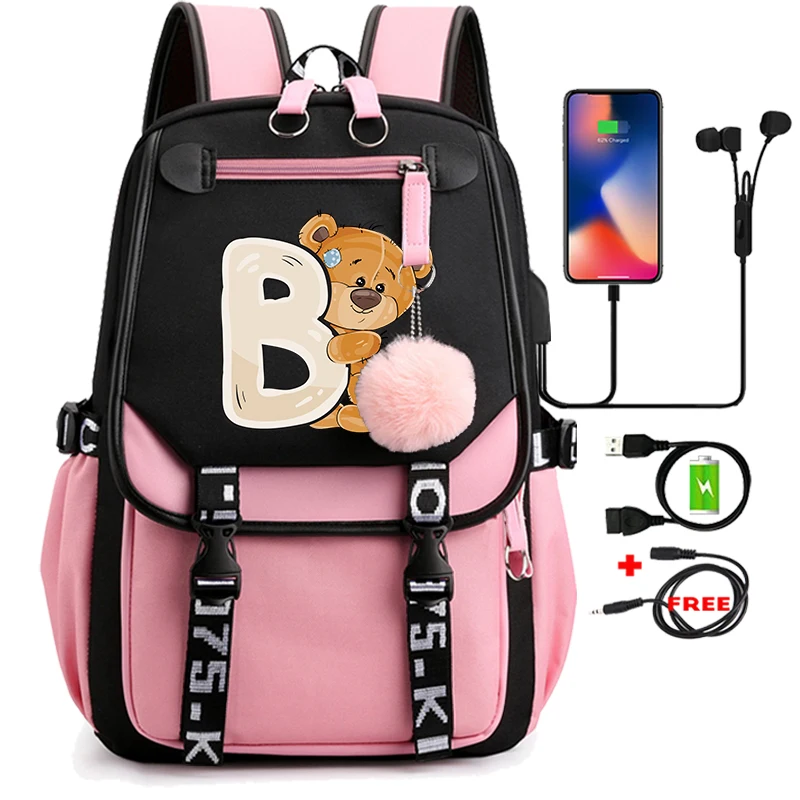 

Lovely Little Bear 26 English Letters Student School Bag Backpack Outdoor Teenage Girl Cartoon Bookbag Laptop Travel Rucksack