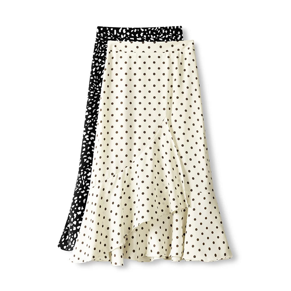 Chiffon Polka Dots Fishtail Skirt Women's Summer High Waist  Mid-Length Ruffled A- line Skirt