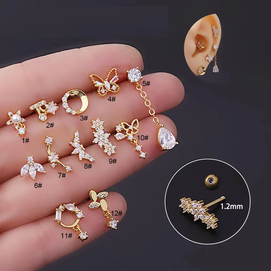 Brinco Piercing De Borla De Aço Inoxidável Para Mulheres, Jóias De Borboleta, Punhos De Orelha, Zircão, Pequeno, Libélula, Parafuso Prisioneiro De Faca, 16G, 1 Pc