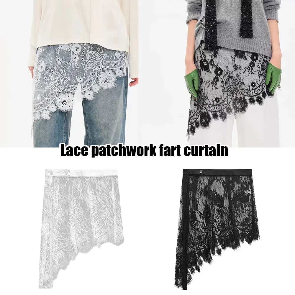 

Бело-черная кружевная юбка Y2K с вышивкой, цветочными пуговицами, вставками и ажурными элементами, винтажная, женская, уличная мода, асимметричная