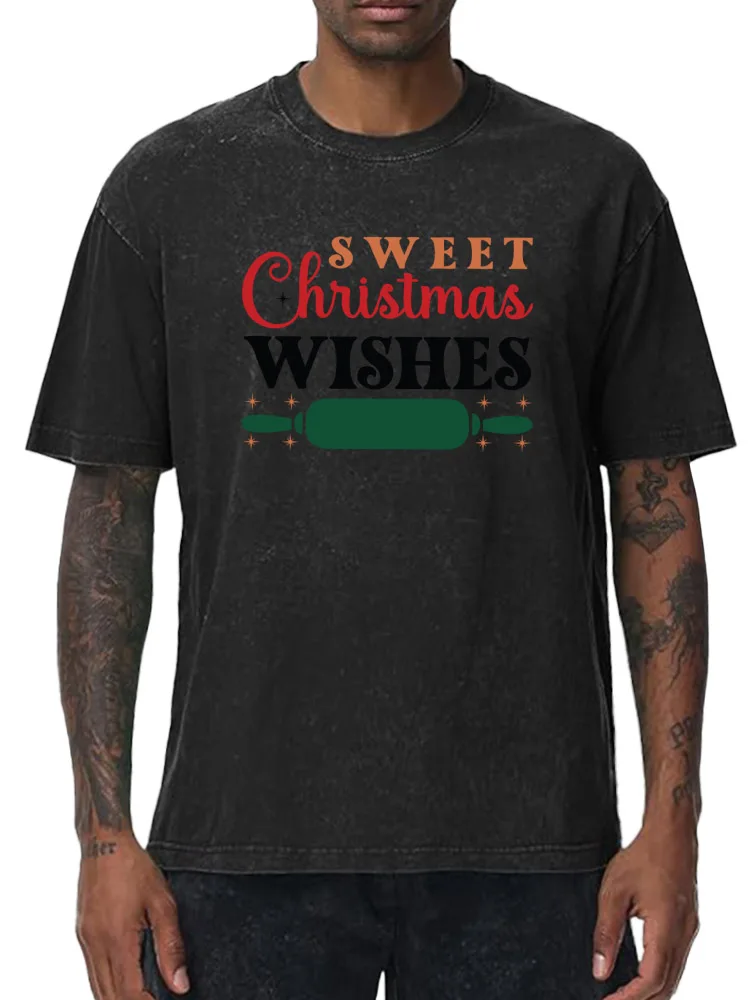 

Sweet Christmas Wishes 230g Heavy Cotton Washed Oversized T-Shirt for Men Christmas Graphic Tee Retro Casual Top