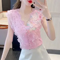 Vest Season Flower Sweater Women's Design Sense Spliced mesh Ruffled V-neck Top