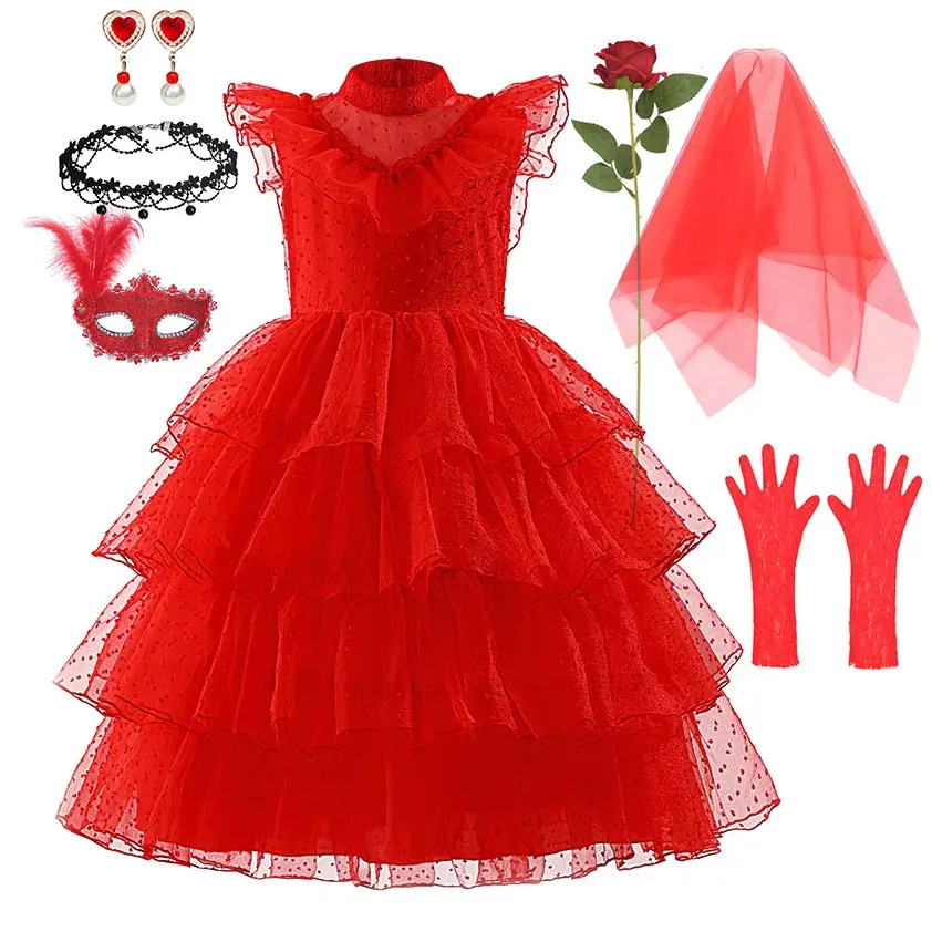 

TV Lydia Deetz Lace Dress Girls Role Play Gothic Bride Red Wedding Party Ball Gown Kids Halloween Betelgeuse Bettlejuice Costume