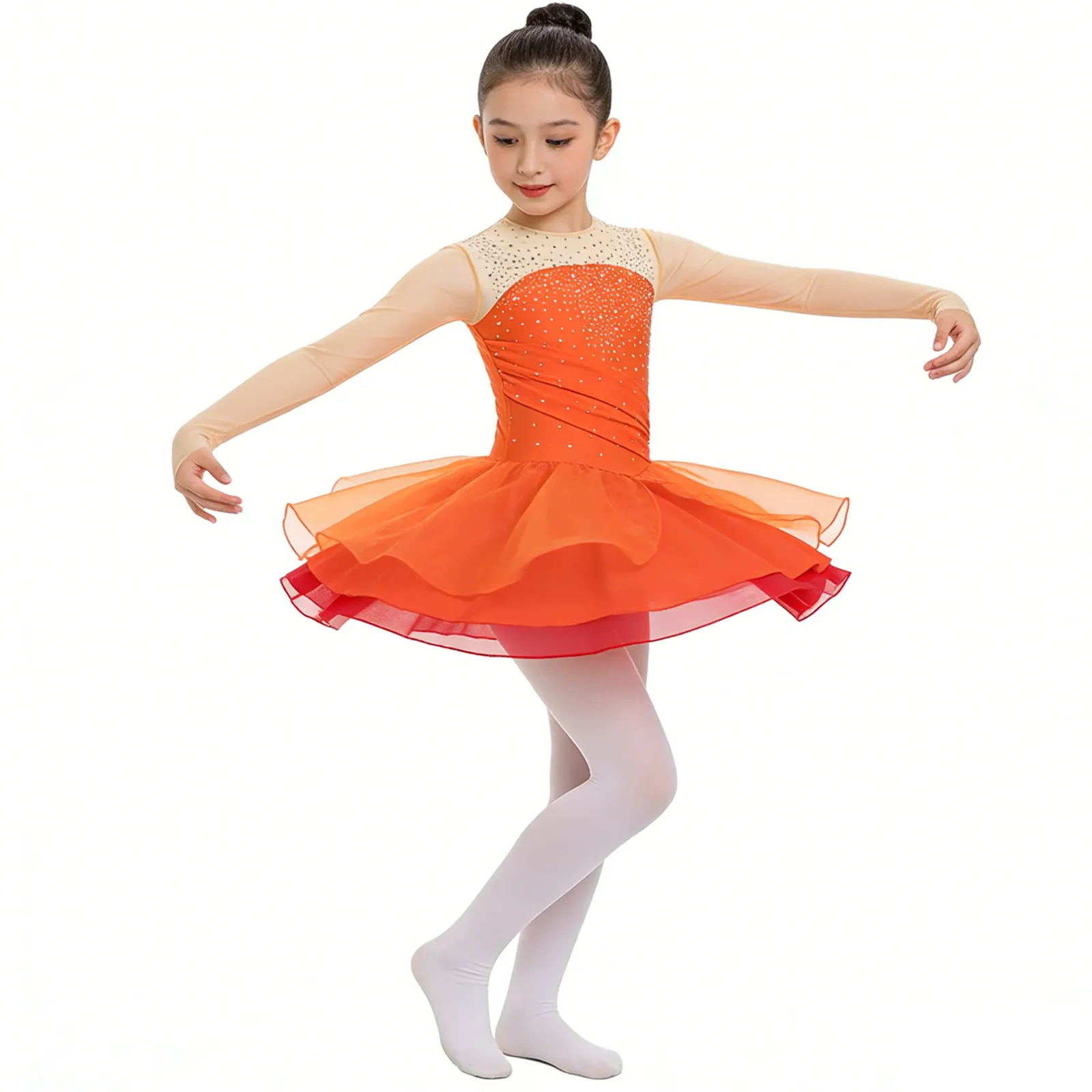 

Kids Girls Glittery Rhinestones Gymnastics Ballet Lyrical Dance Dress Gymnastics Figure Skating Dress Costume with Finger Holes