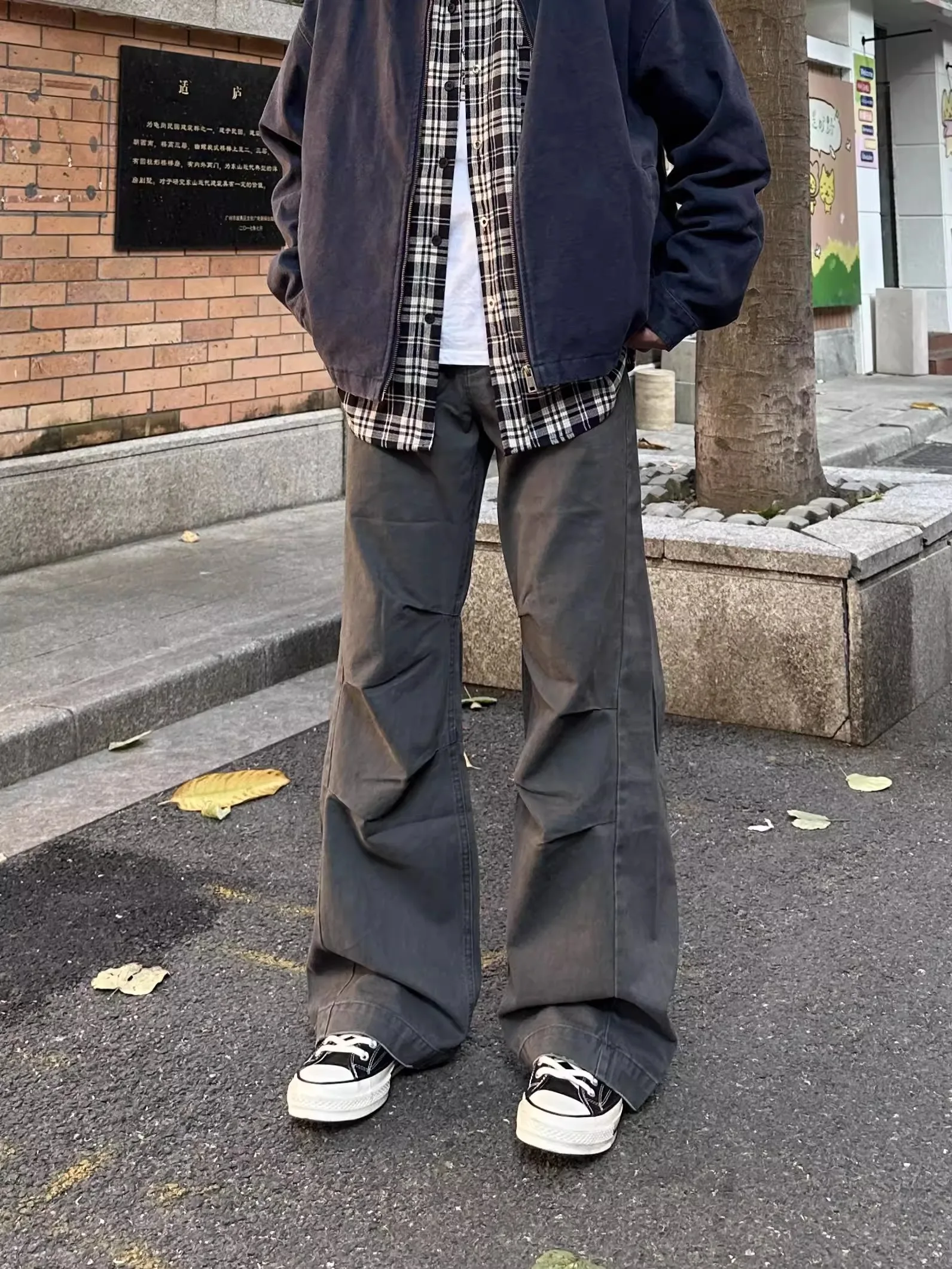 

American Retro Pleated Design Straight Leg Work Pants Men Loose Wide Leg Vintage Casual Trousers Trendy Long Pants