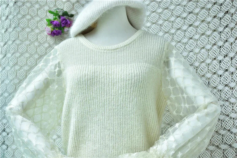 ladies Women Spring Autumn Fashion Beige Hairy Mohair Wool Knitted Lace O-Neck
