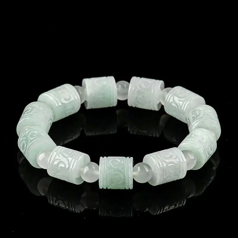 

Natural A-Grade Jadeite Carved Barrel Beads Bracelet with Through-Drilled Beads –Fashionable Exquisite Jewelry for Men and Women