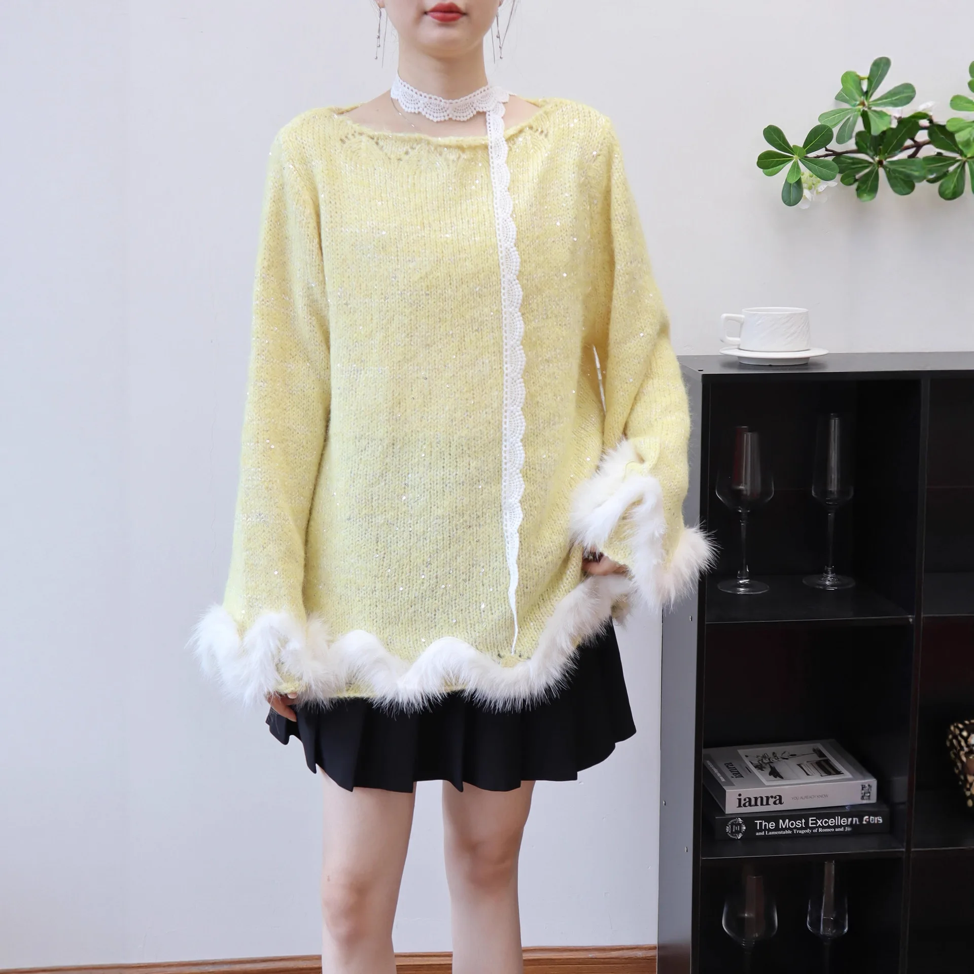 Süße Koreanische Gestrickte Pullover Frauen Herbst Winter Faux Pelz Jumper Weibliche Japanische Kawaii Jumper Vintage Elegante Pullover