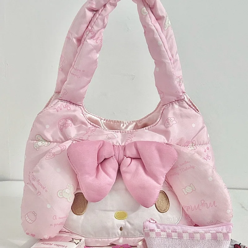 Sanrio My Melody Cotton Down Fashion Handbag Sweet Cute Y2k Girl Versatile Shoulder Bag Bow Design Small Fresh Printed Pink Tote