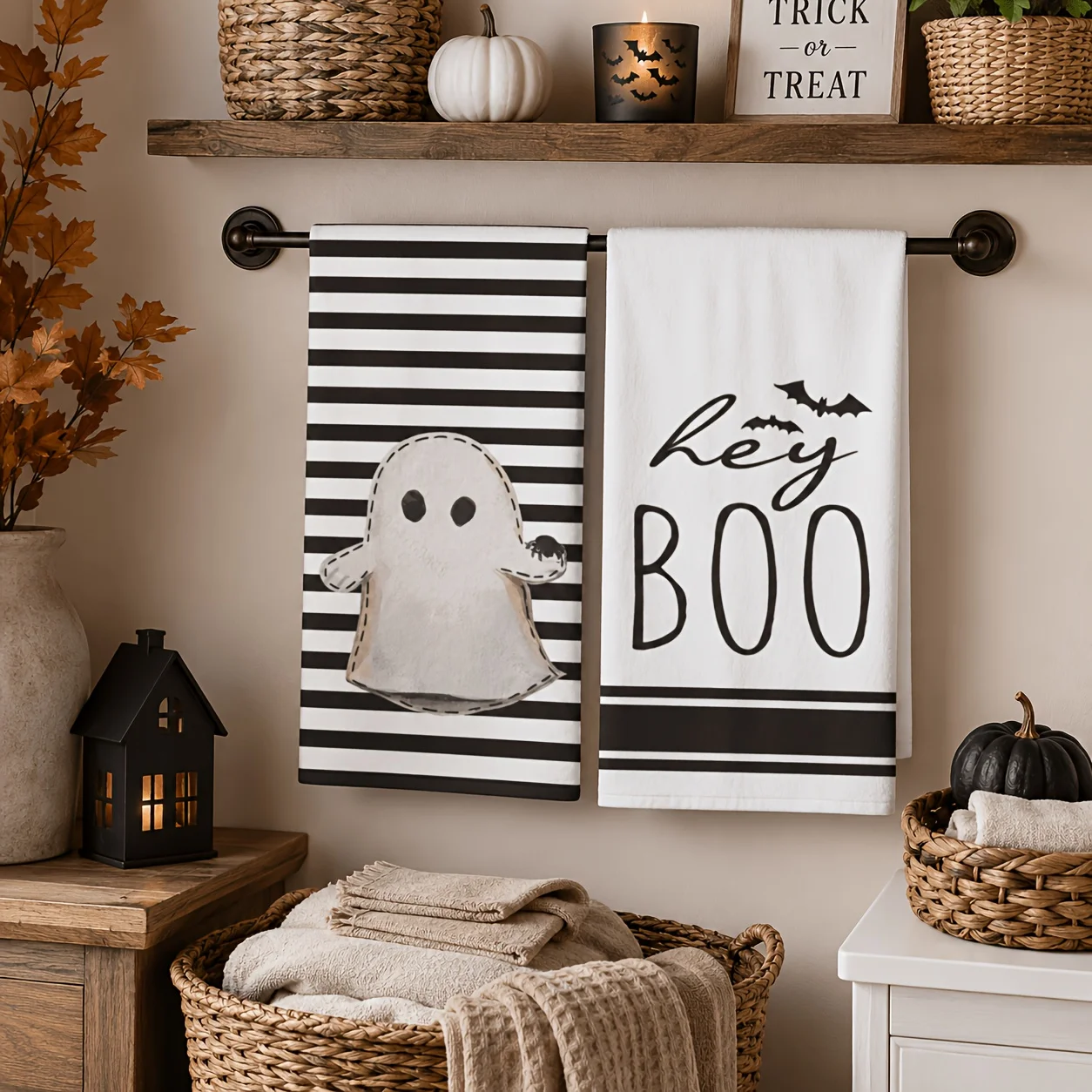 Halloween hand towel, white creepy black face towel, happy Halloween holiday decoration, super soft kitchen towel